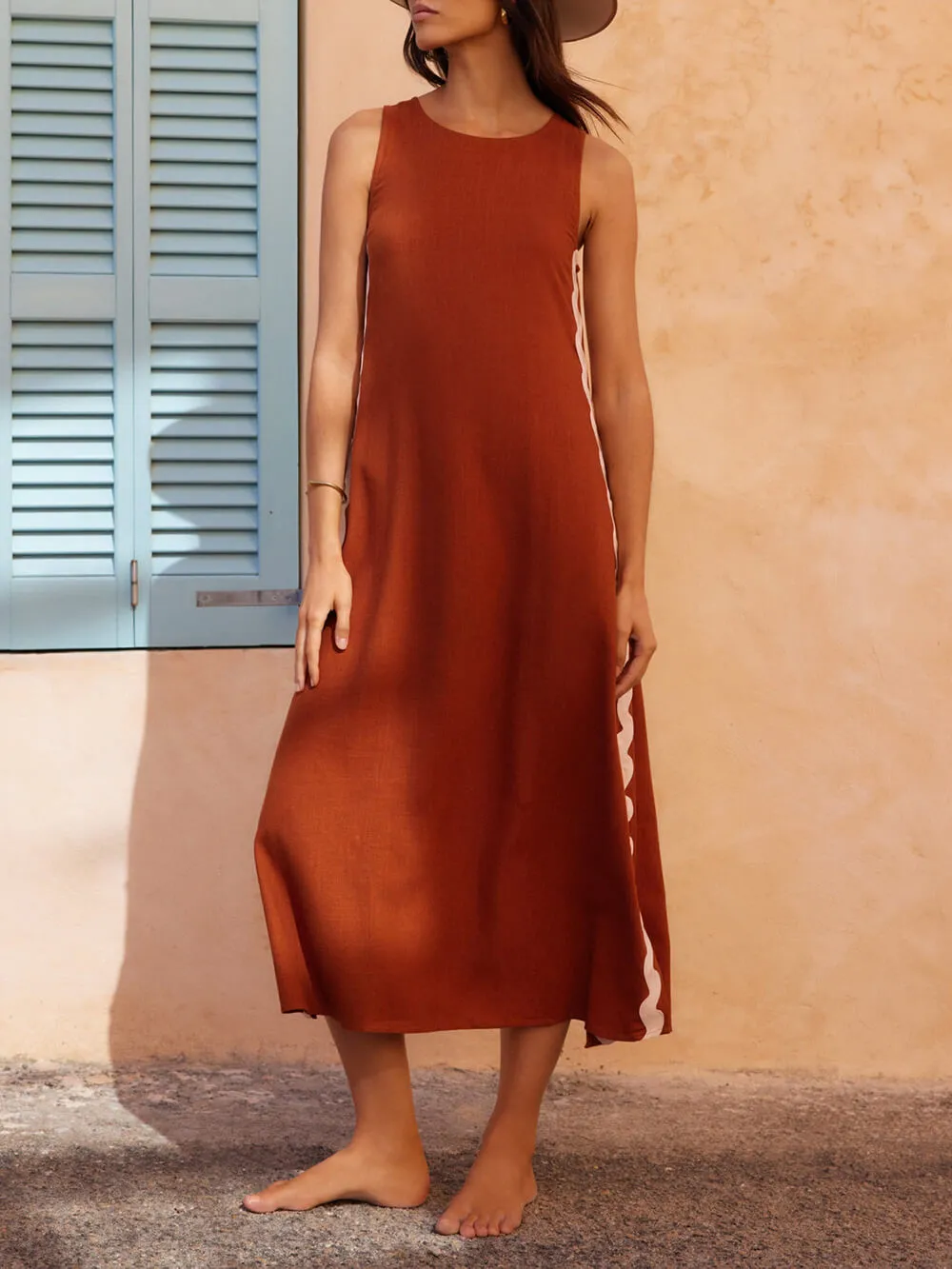 Side Wave Stripes Embellished Side Slit Midi Dress