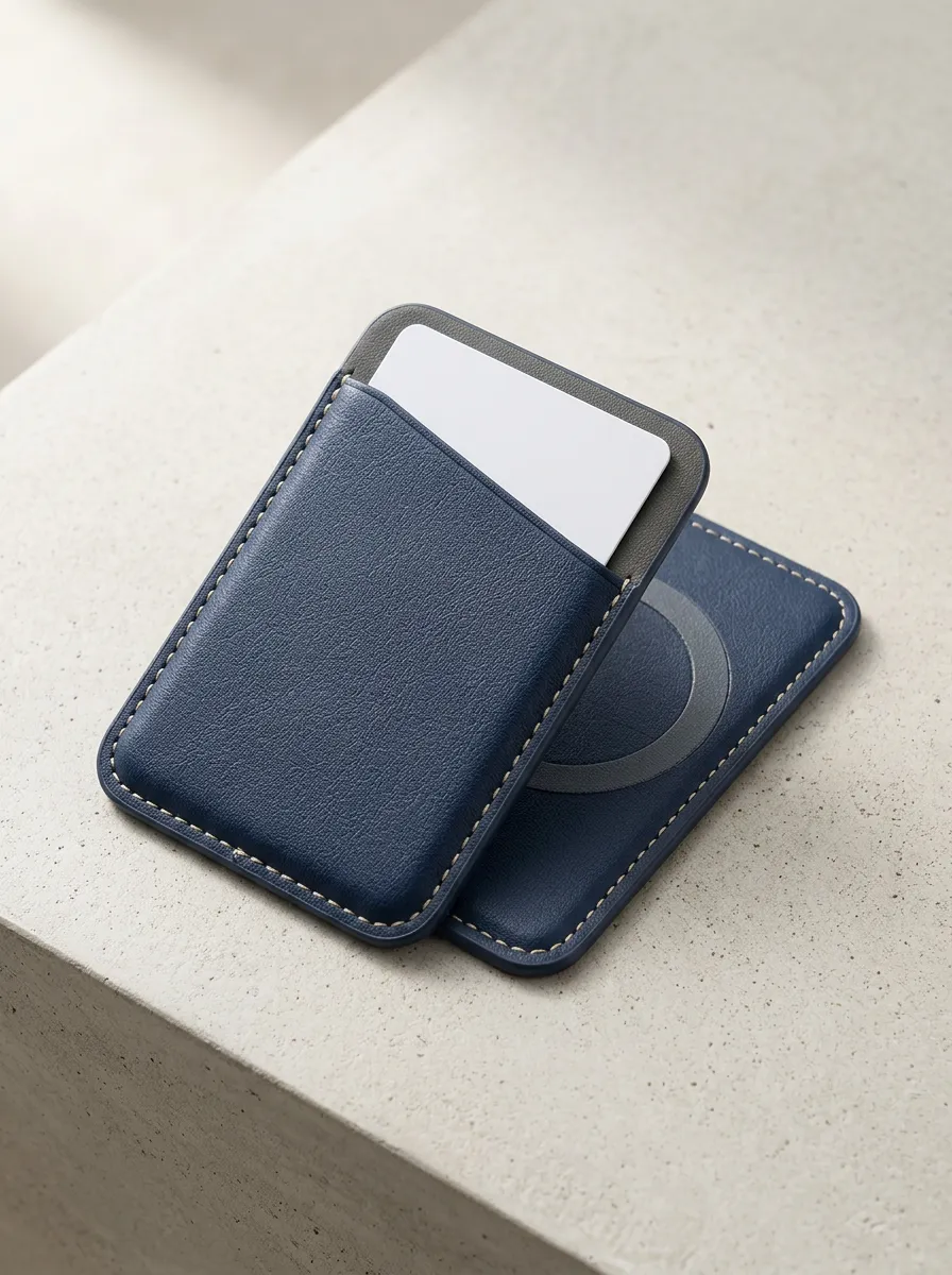 Navy Leather Magnetic Phone Card Holder