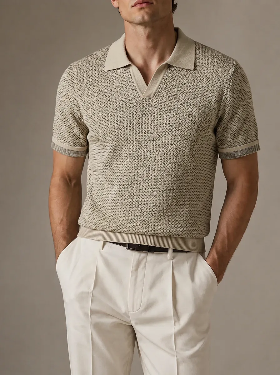 Men's Vintage Style Beige Geometric Pattern Knit Polo Shirt