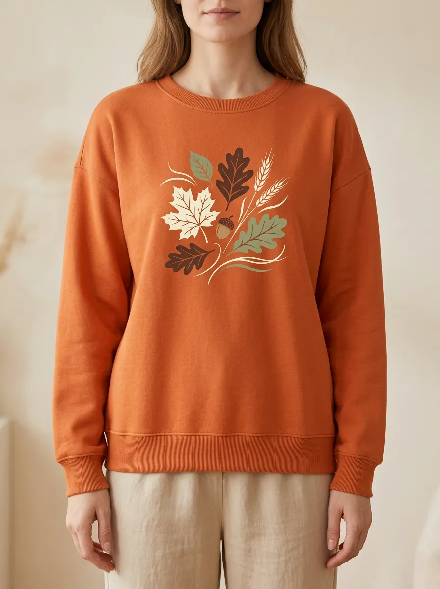 Layered Motif Maple-Leaf Printed Acorn Graphic Sweatshirt