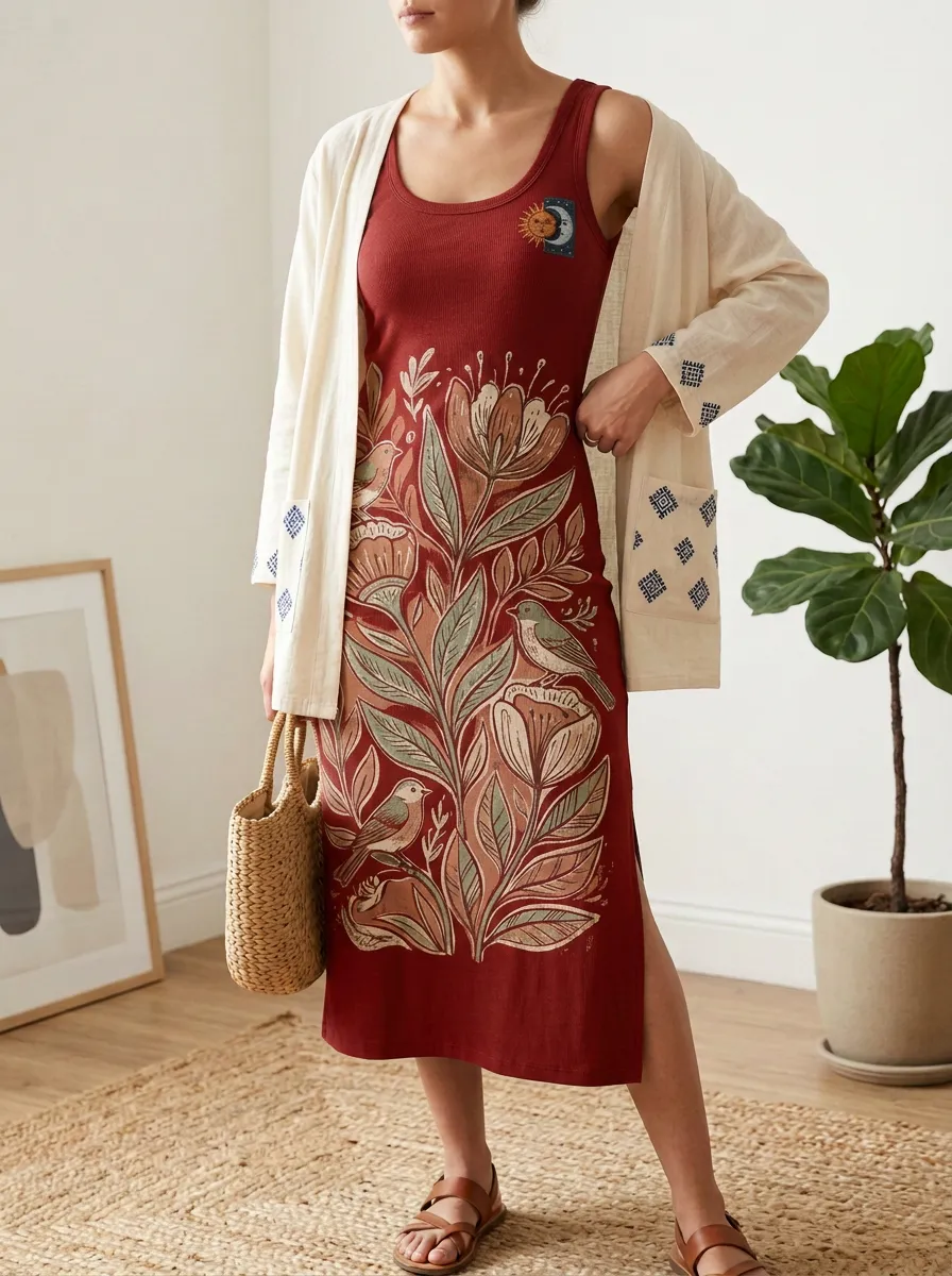 Women's Boho Nature Lover Floral Bird Printed Tank Dress