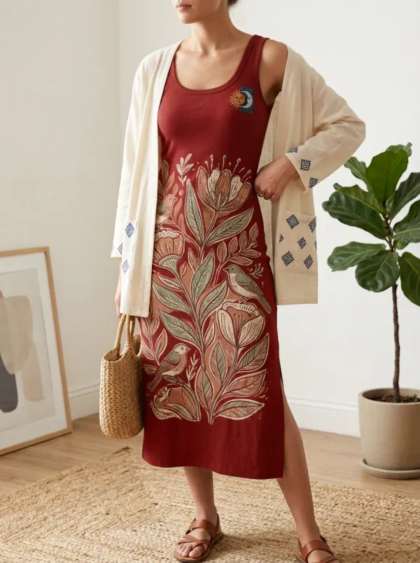 Women's Boho Nature Lover Floral Bird Printed Tank Dress