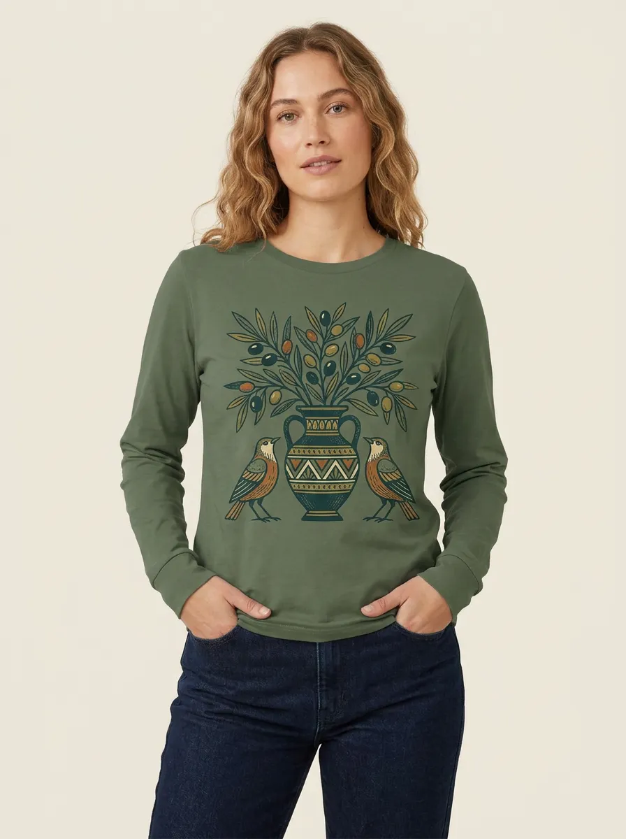 Nature Lover Branch Vase Birds Long Sleeve Top
