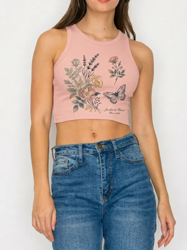Women's Floral Butterfly Jardin de Rêves Printed Ribbed Tank Top