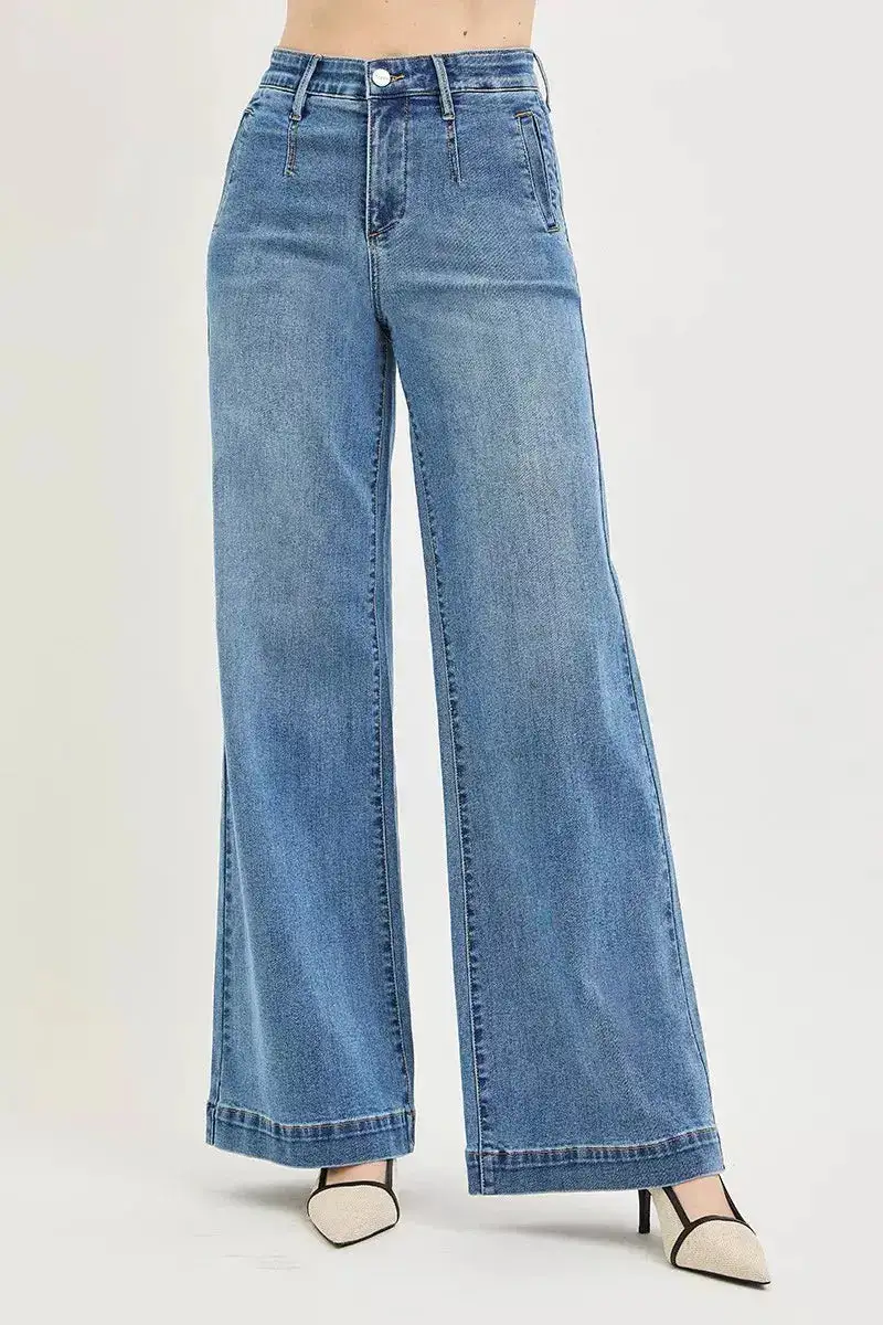 Tummy Control High Rise Wide Leg Cropped Pocketed Denim Jeans