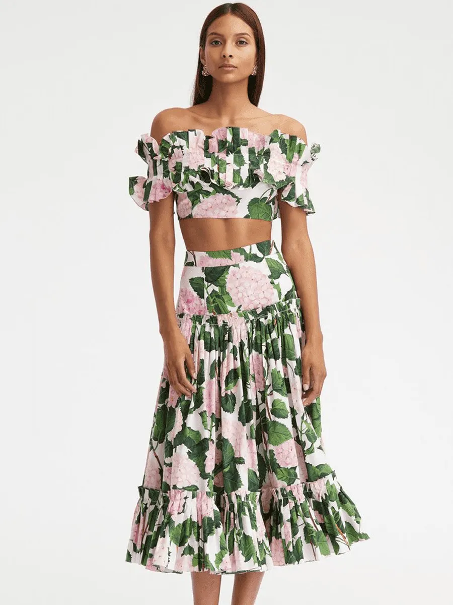 Jasmine Ruffled Strapless Hydrangea Swimsuit Set