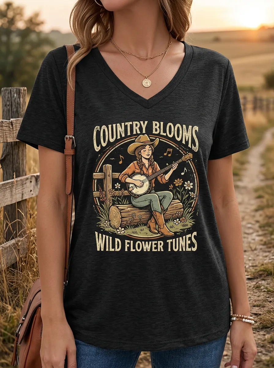 Western-Inspired Country Music Banjo Player Wildflower V-Neck T-Shirt