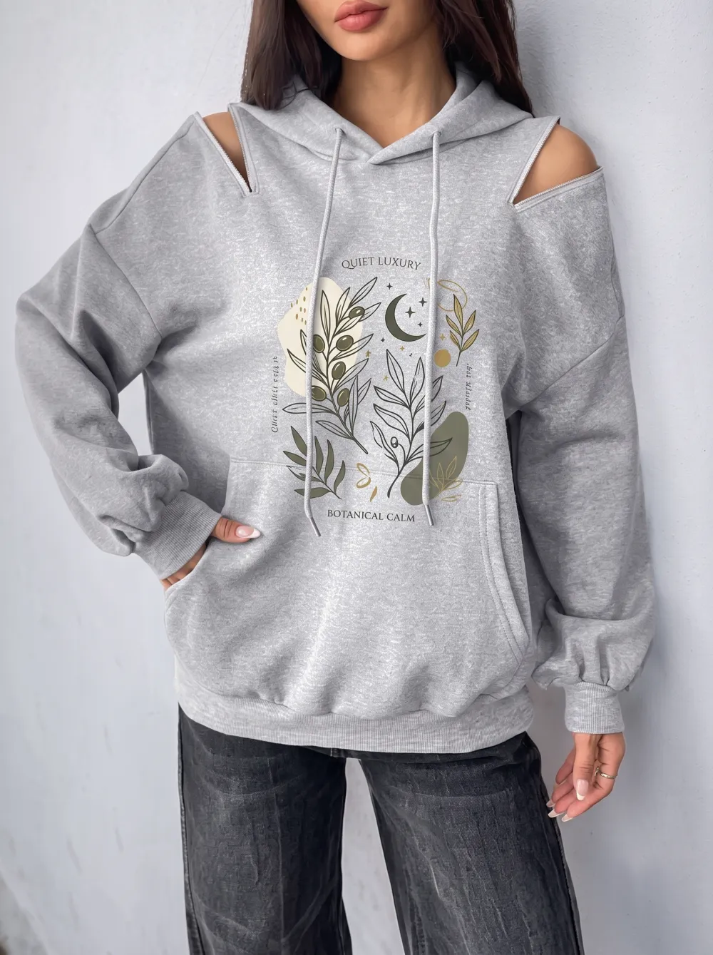 Women's Botanical Moon Olive Branch Printed Cold Shoulder Hoodie