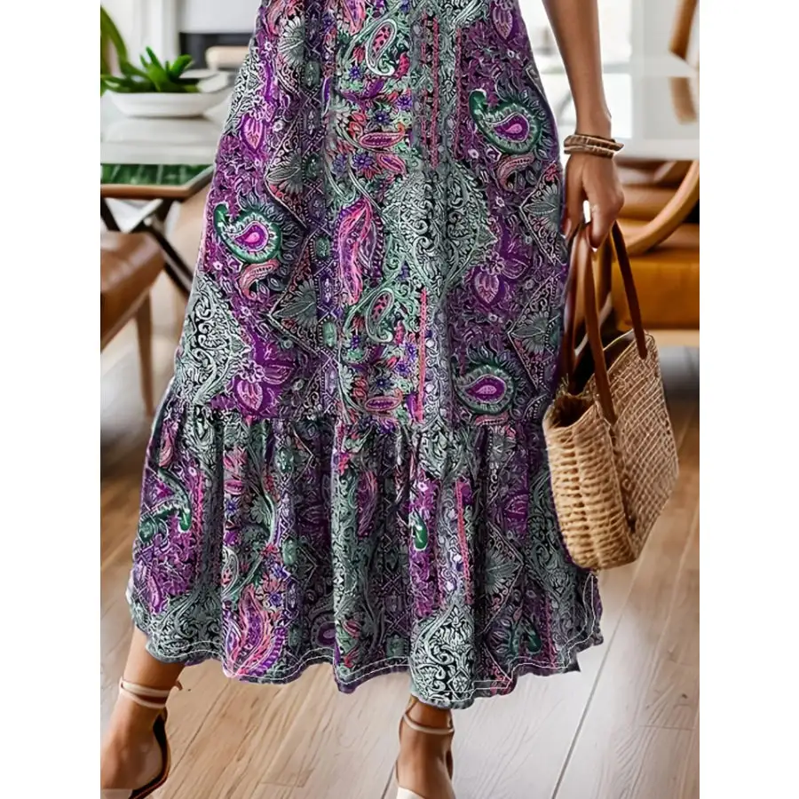 Full Size Bohemian Paisley Ruffle Hem Midi Dress Plus Size