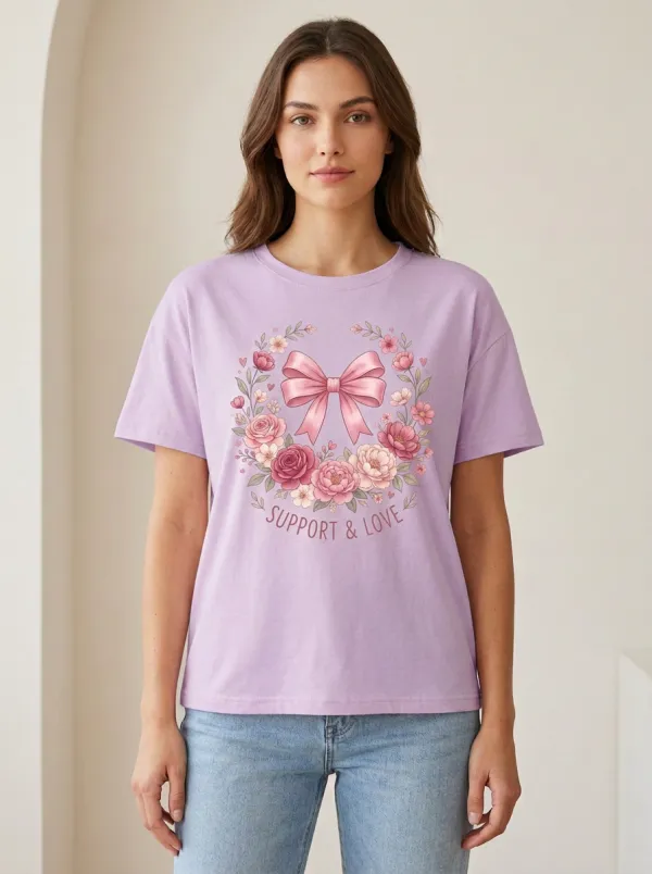 Women's Breast Cancer Awareness Floral Bow Support & Love Printed T-shirt