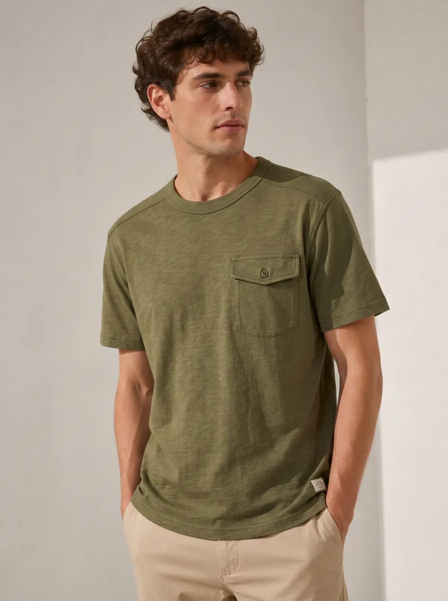Men's Olive Green Pocket Crew Neck T-Shirt