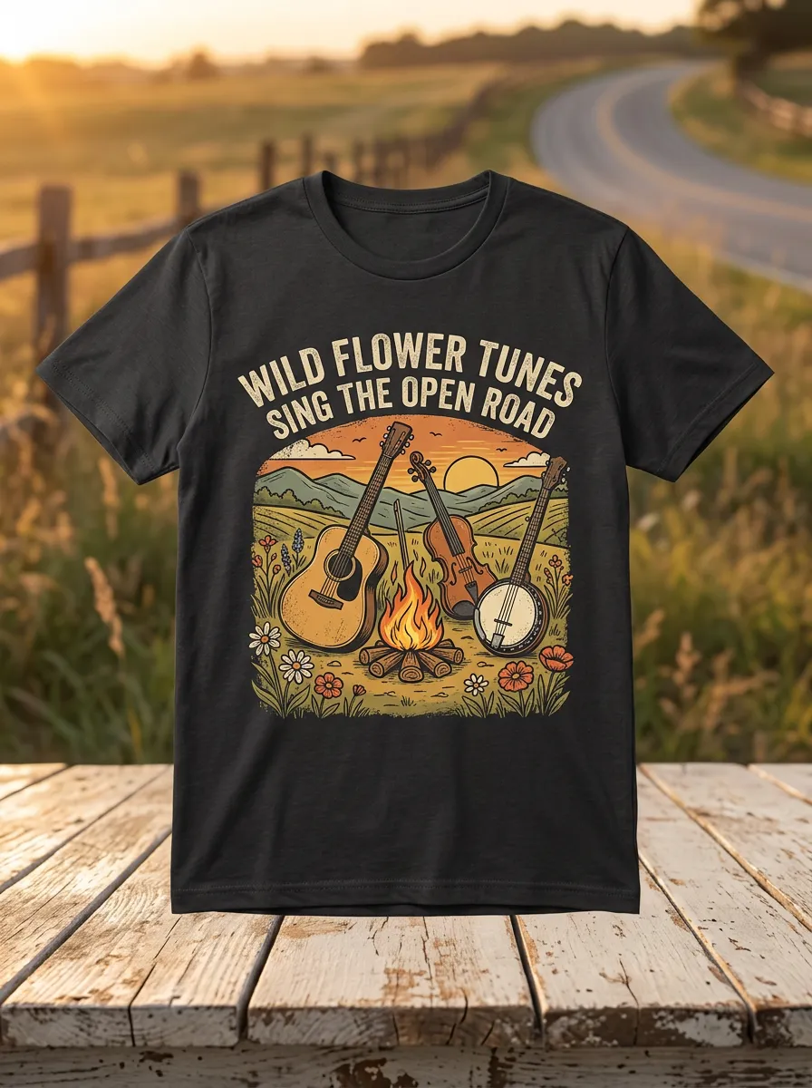 Country Music Guitar Fiddle Banjo Crew Neck T-Shirt
