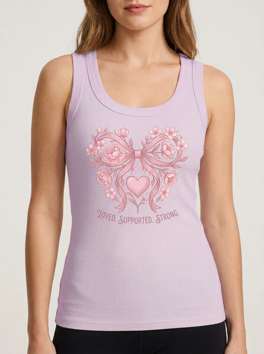 Women's Breast Cancer Awareness Pink Ribbon Floral Bow Printed Tank Top