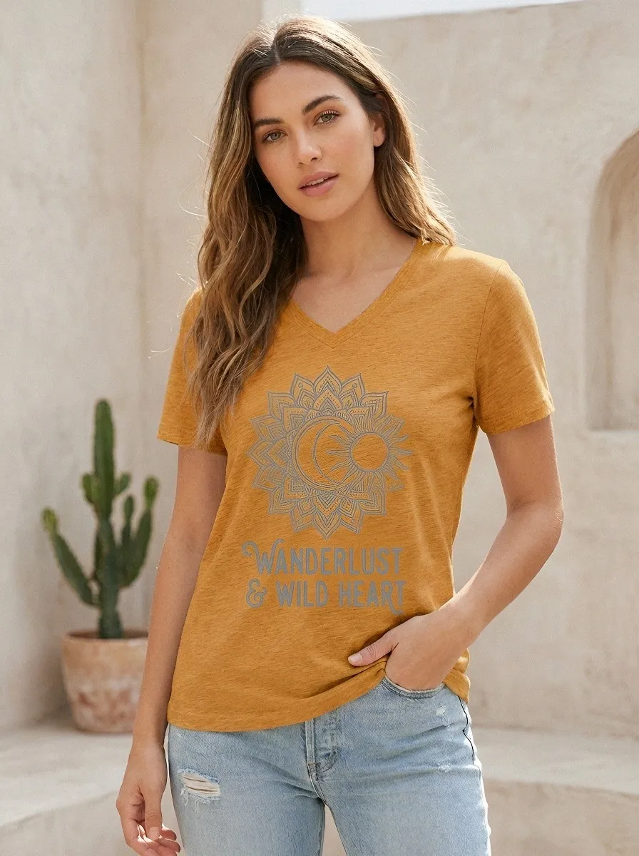 Women's Wanderlust Boho Sun Moon Mandala Printed V-neck T-shirt