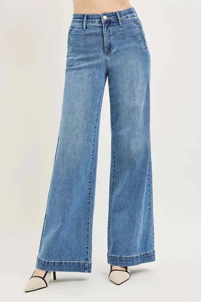 Tummy Control High Rise Wide Leg Cropped Pocketed Denim Jeans