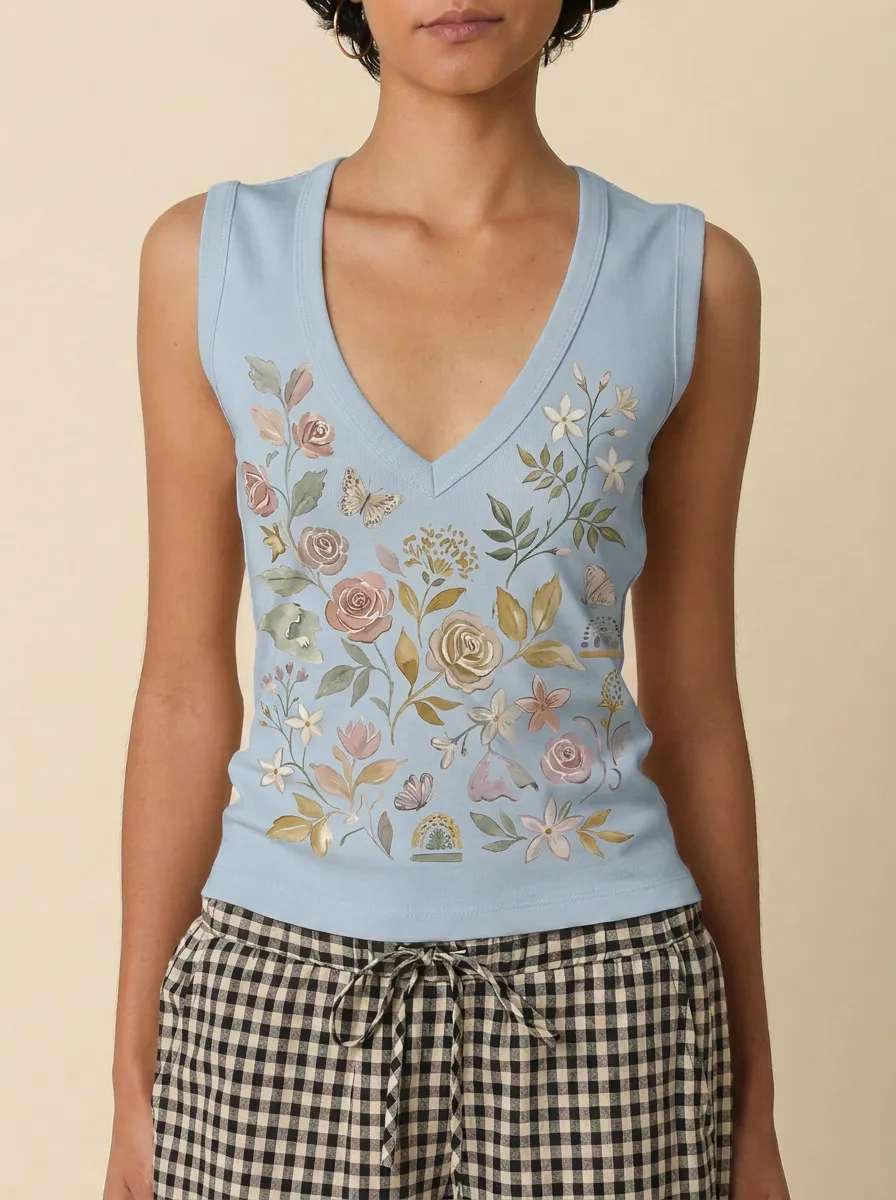 Women's Floral Nature Lover Butterfly Watercolor Printed Tank Top