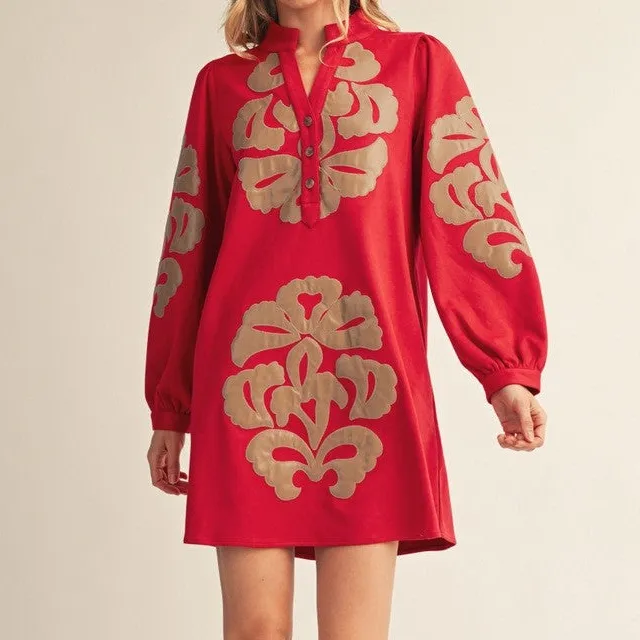 Classic Embroidered Faux Suede Suede Long Sleeve Dress