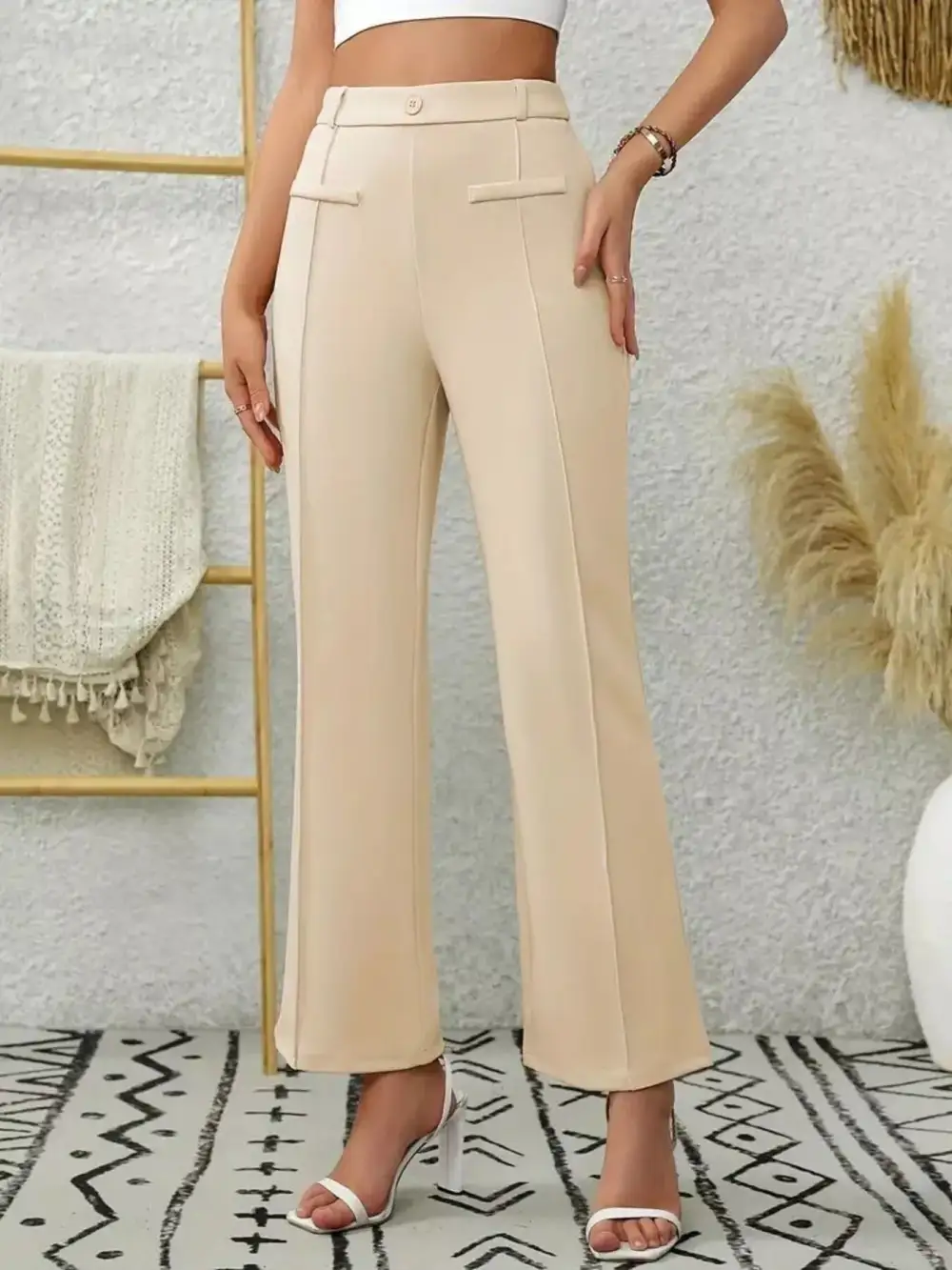 High Waist Flared Pocketed Seam Detail Casual Pants