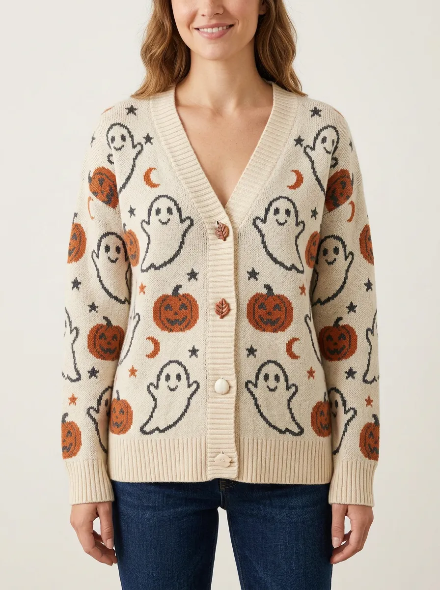 Women's Halloween Ghost Pumpkin Pattern Printed Cardigan