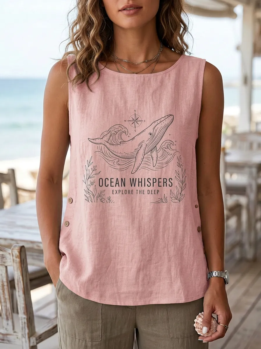 Women's Ocean Lover Whale Compass Printed Sleeveless Tank Top