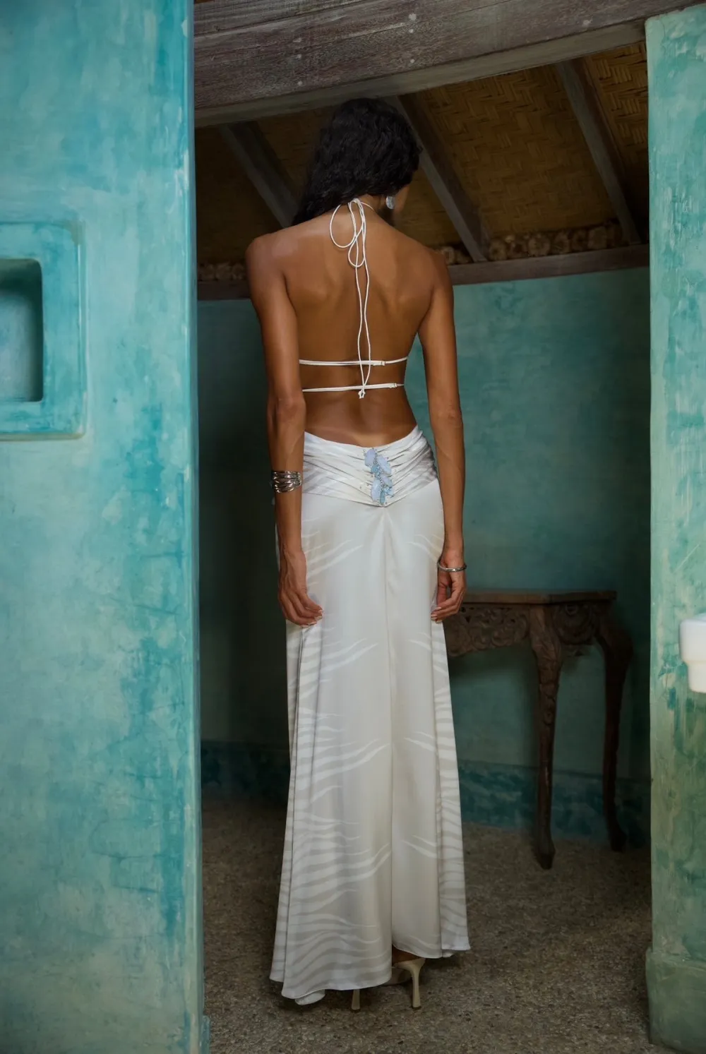 Celia Halter Leaf Bead Cutout Slit Maxi Dress In White