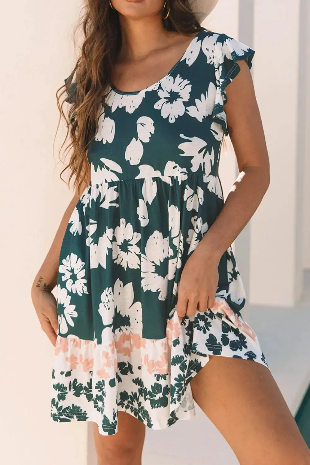Relaxed Ruffle Trim Mini Dress