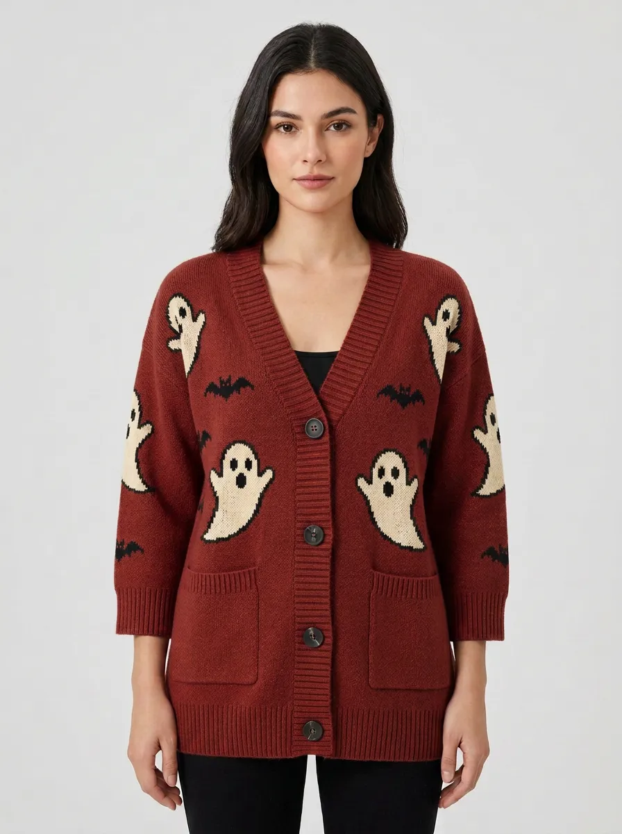 Women's Ghost and Bat Halloween Knit Cardigan