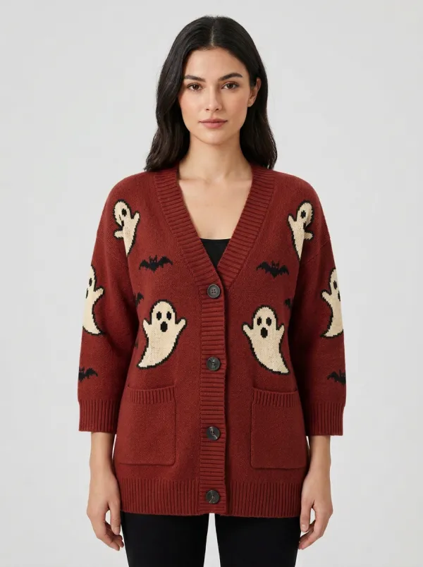 Women's Ghost and Bat Halloween Knit Cardigan