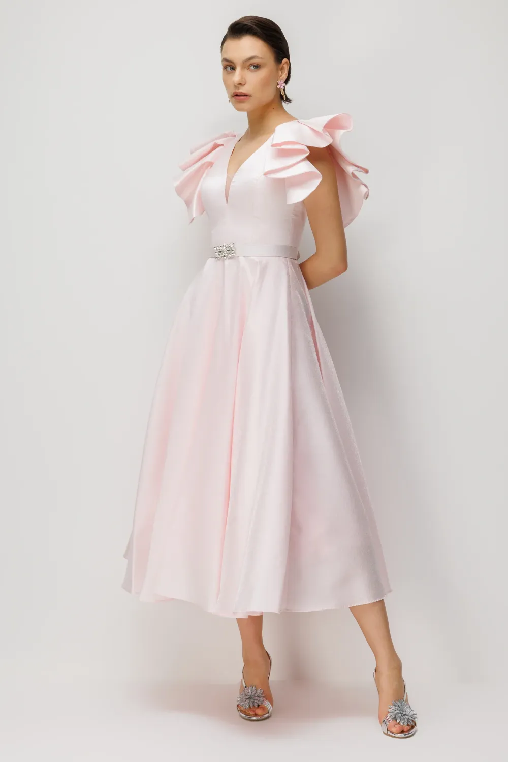 Seren V-Neck Waist Cinched A-Line Midi Dress