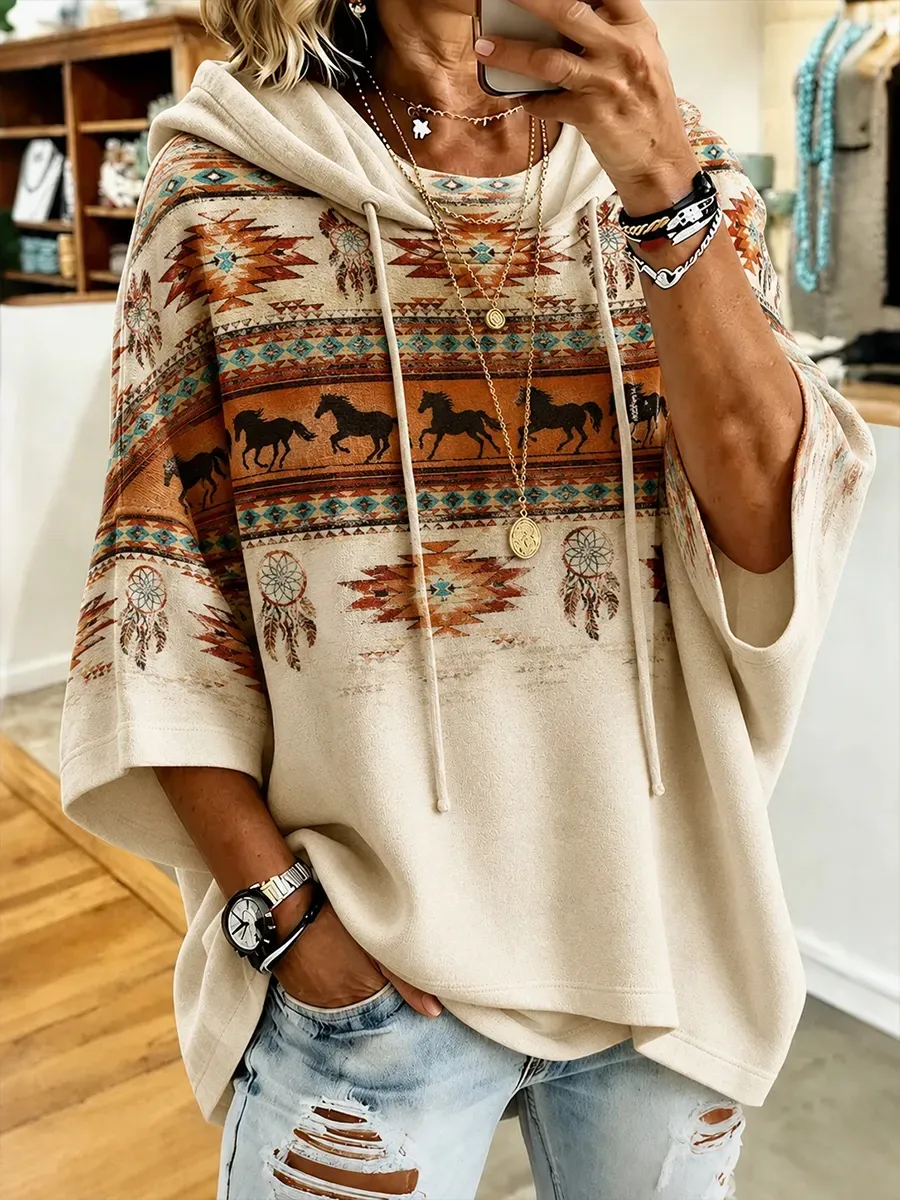 Women's Western Horse Pattern Casual Hooded Sweatshirt