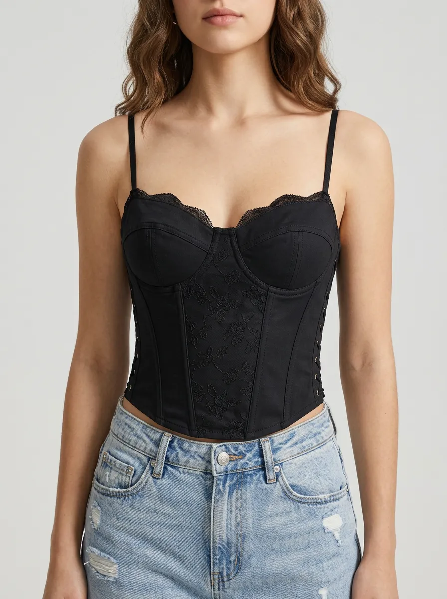 Floral-Lace Lace-Trim Lace-Up Women's Corset Top