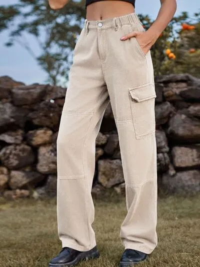 High Waist Cargo Straight Denim Jeans