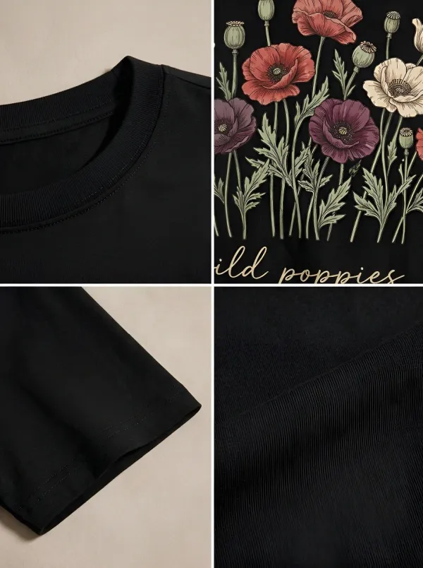Women's Botanical Nature Lover Wild Poppies Printed T-shirt