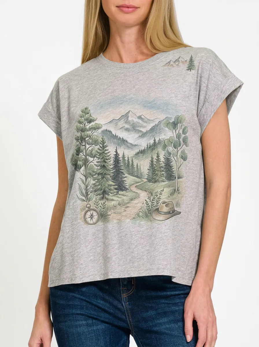 Women's Nature Hiking Lover Mountain Forest Compass Printed T-shirt