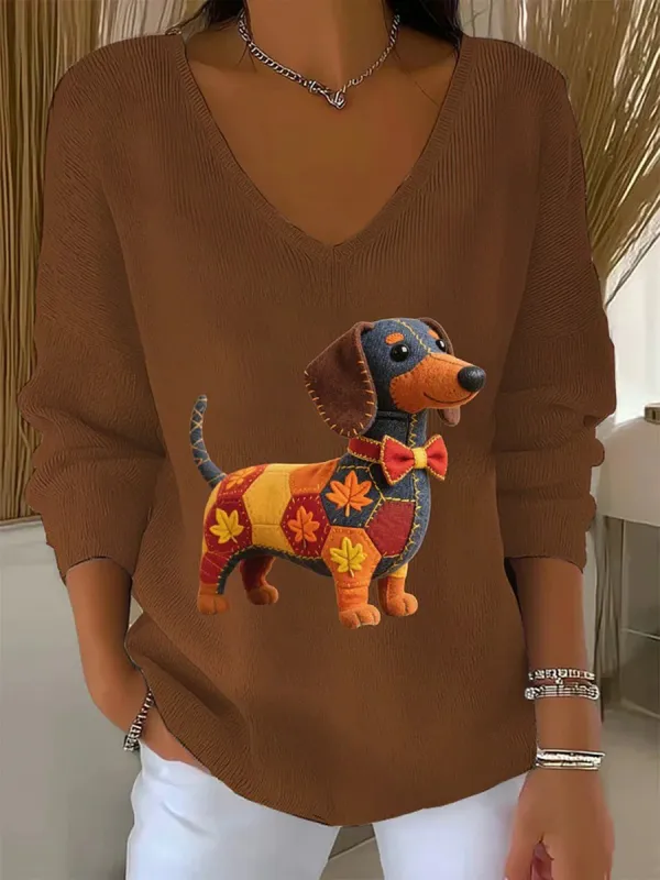 Women's Autumn Dog Art Print V-Neck Ribbed Top