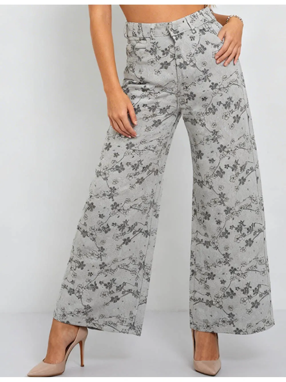 Rhinestone Jacquard Jeans Button Waist Wide Leg Denim Pants