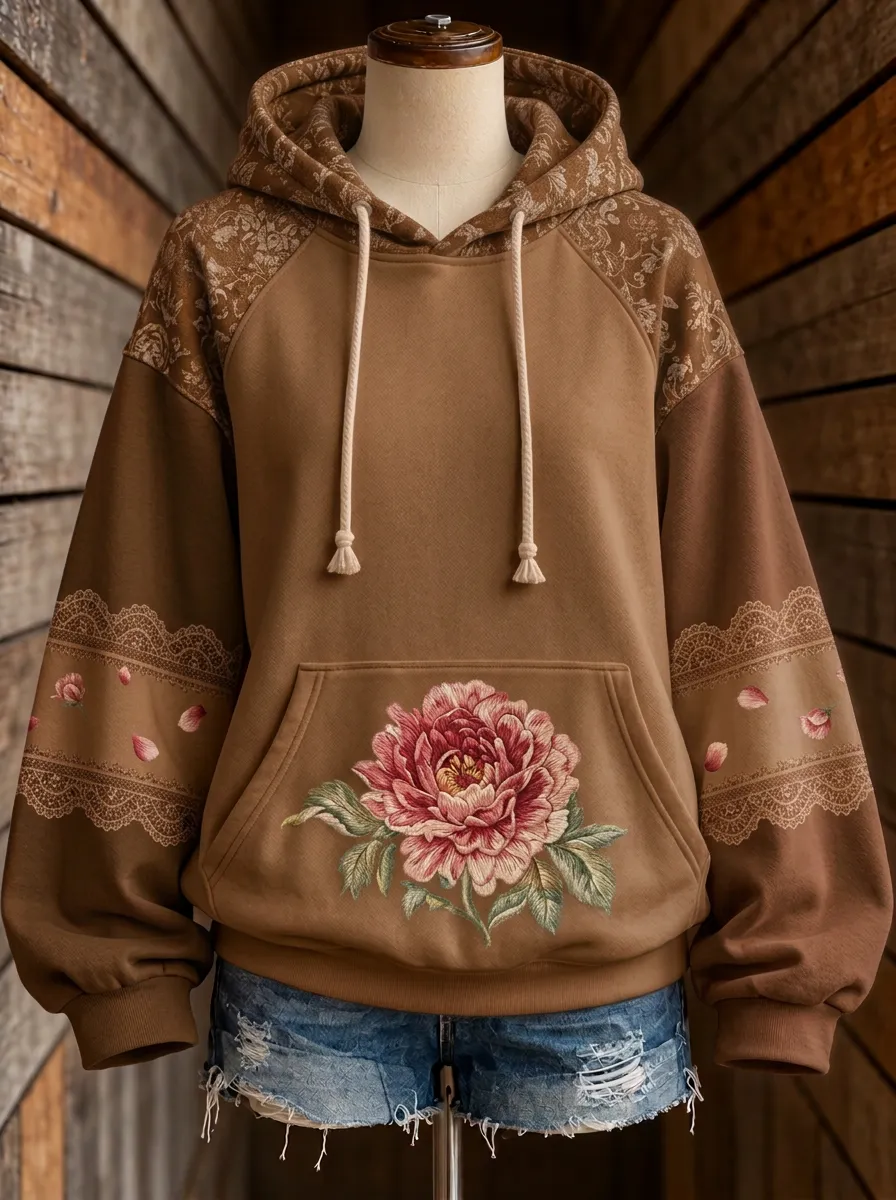 Women's Western Floral Peony Lace Patchwork Printed Hoodie