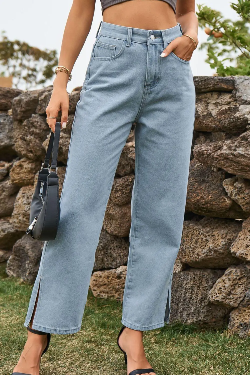 High Waist Loose Fit Ankle Slit Denim Jeans