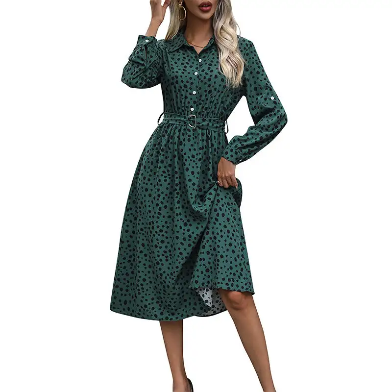 Women's Shirt Long-Sleeve Polka-Dot Belted Dress