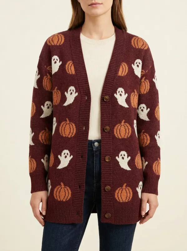 Women's Halloween Ghost Pumpkin Pattern Printed Cardigan