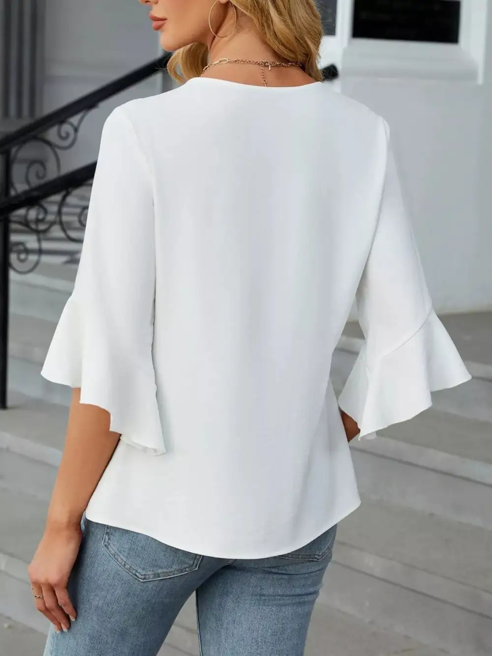 V Neck Ruffle Sleeve Blouse