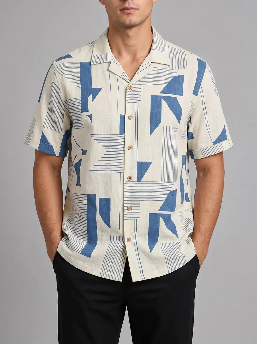 Men's Geometric Abstract Blue Line Printed Short Sleeve Shirt