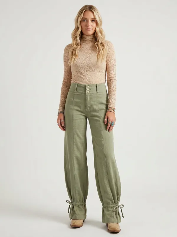 Women's Western Style Sage Green High Waisted Tie-Cuff Pants