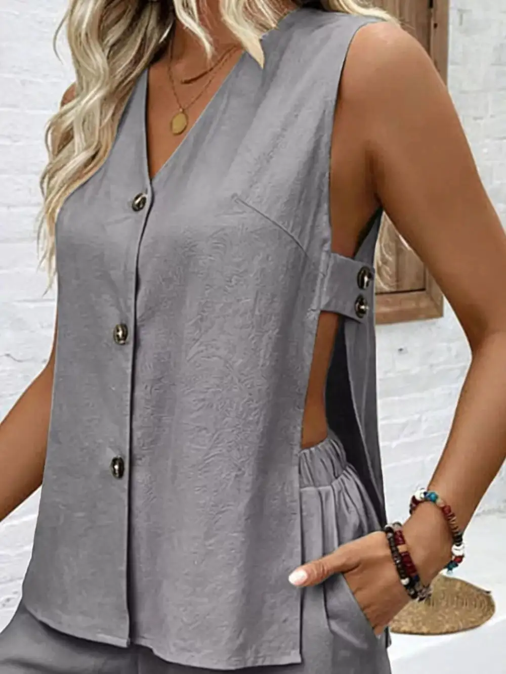 Sleeveless Button Down Top Shorts Set