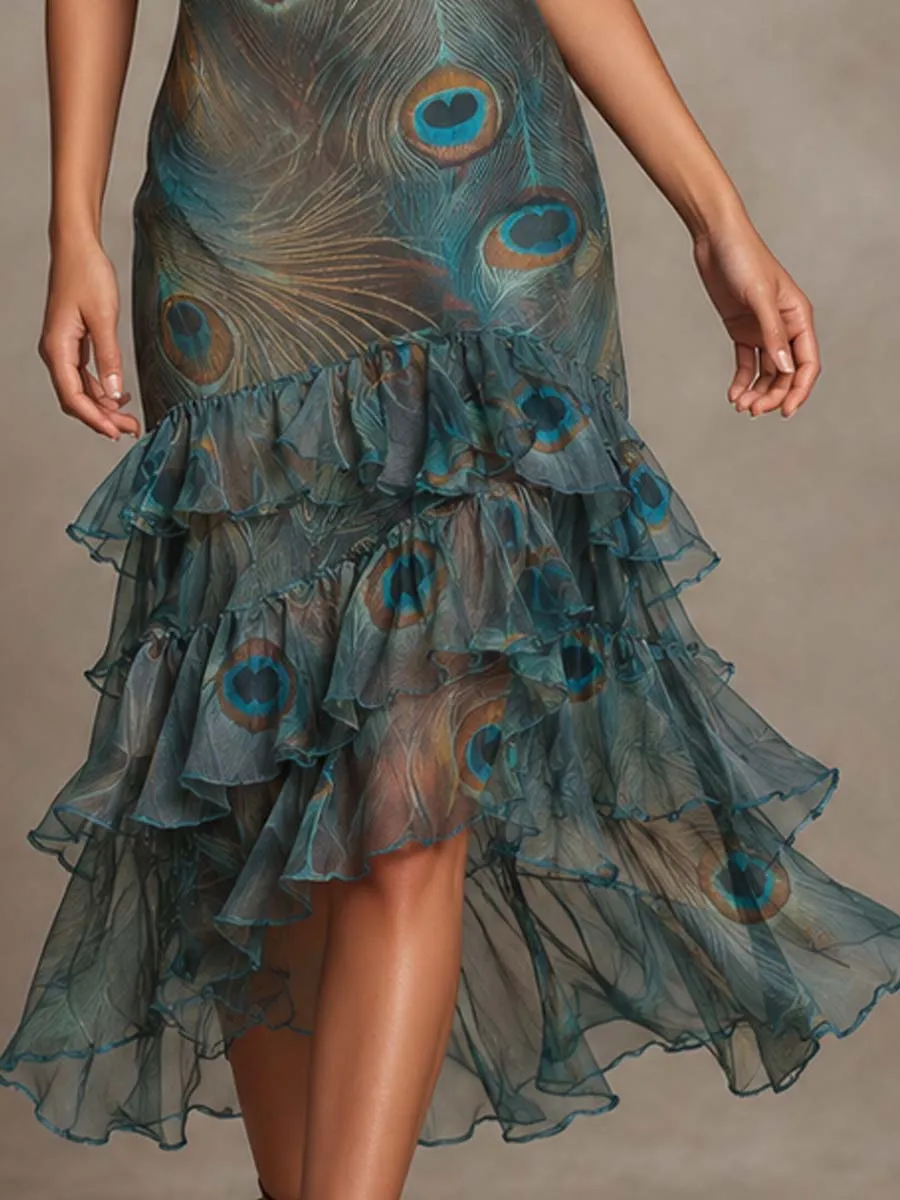 Vintage Peacock Print Chiffon Halter Tiered Ruffle Midi Dress