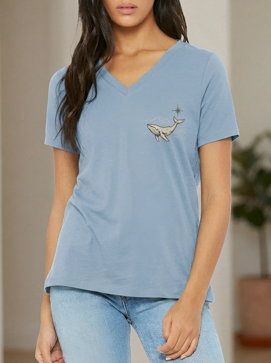 Women's Ocean Lover Whale Compass Printed V-Neck T-Shirt