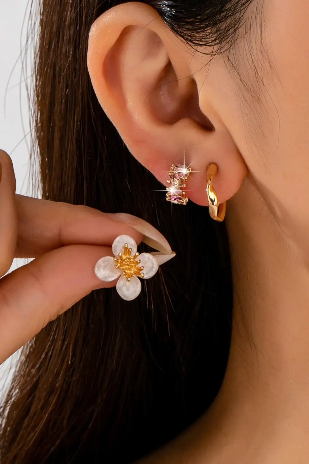 Resin Flower Crystal Huggie Hoop