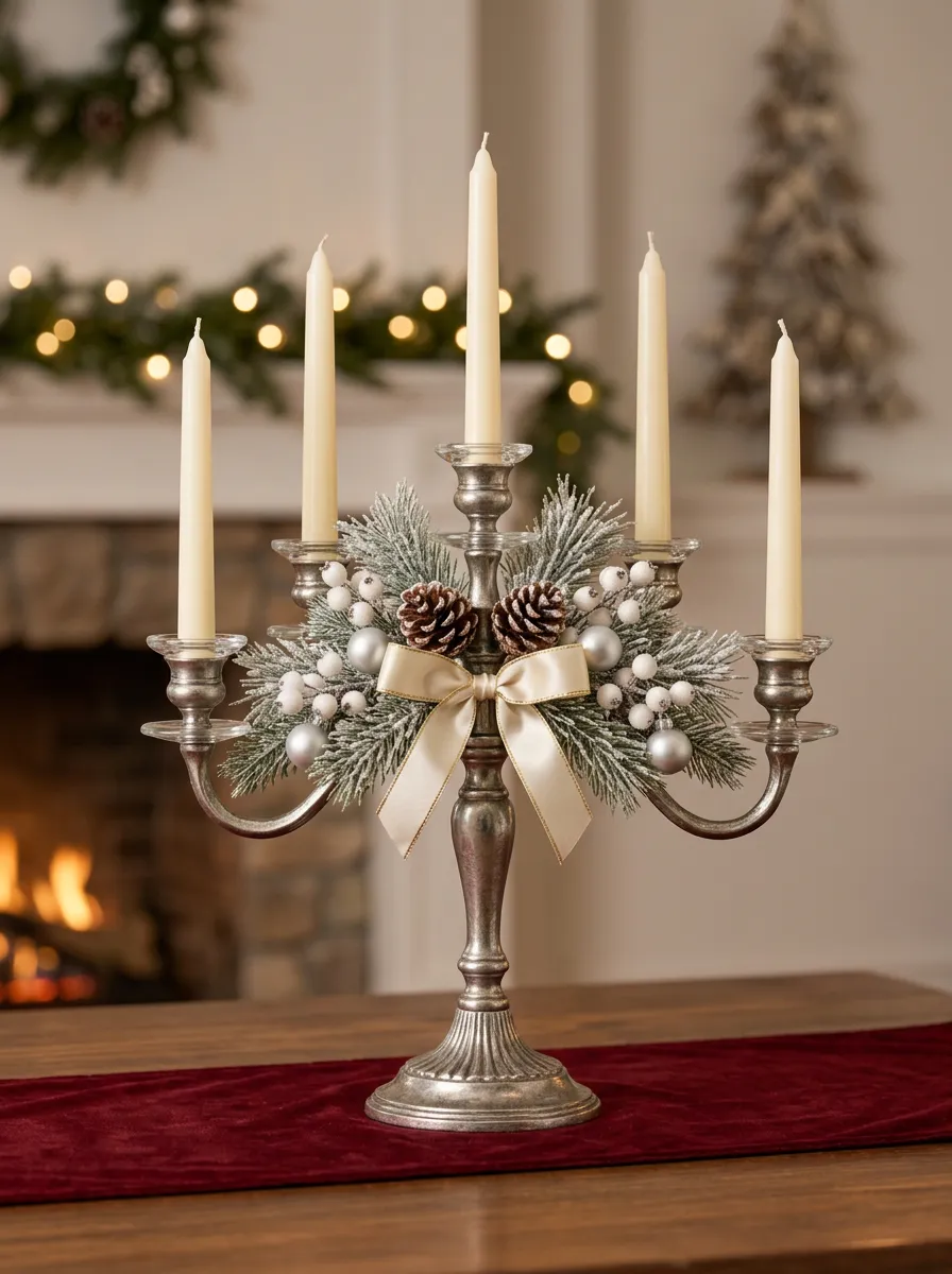 Festive Pinecone Berry Bow Table Candelabra