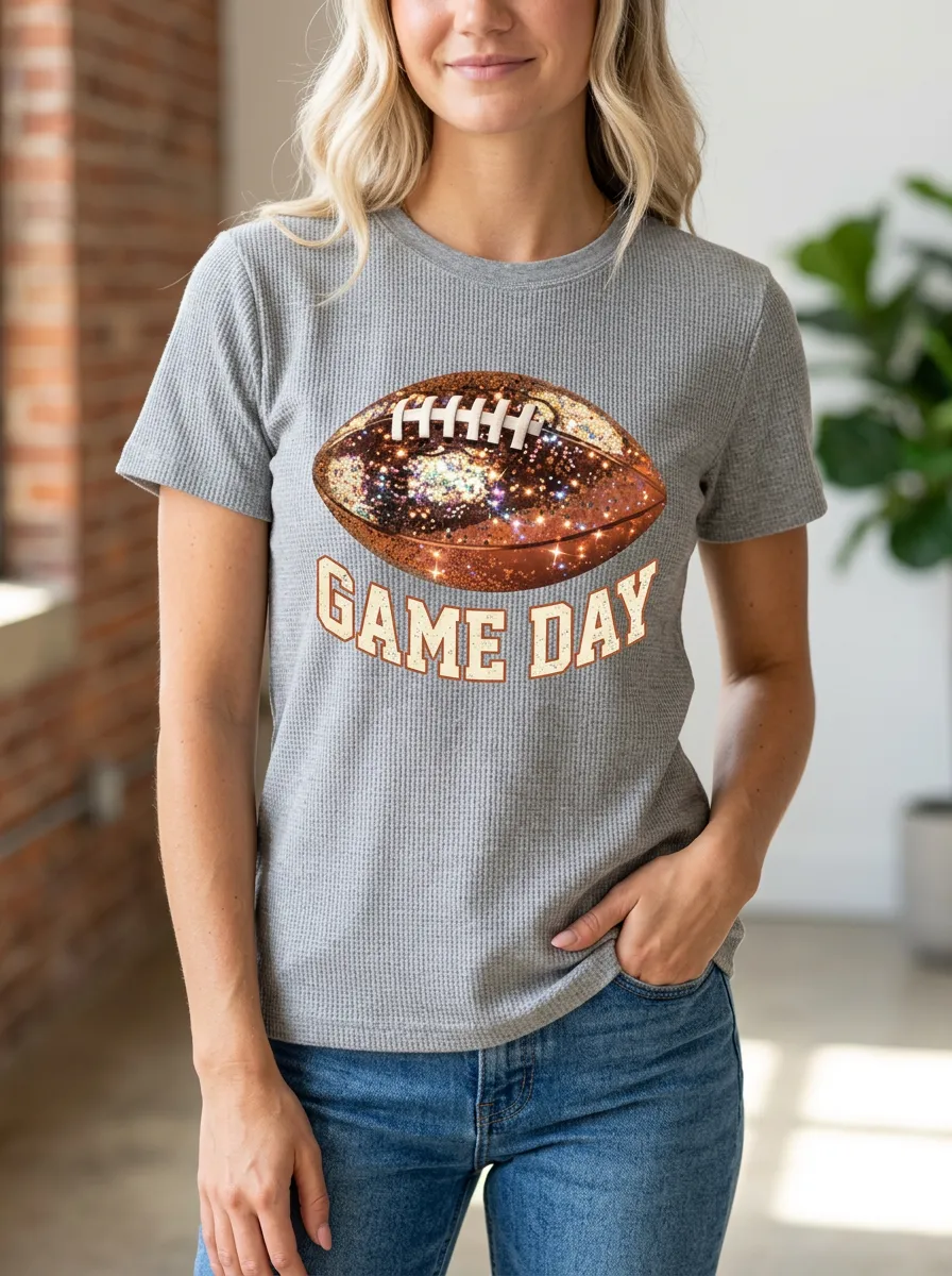 Women's Football Game Day Glitter Ball Printed T-Shirt