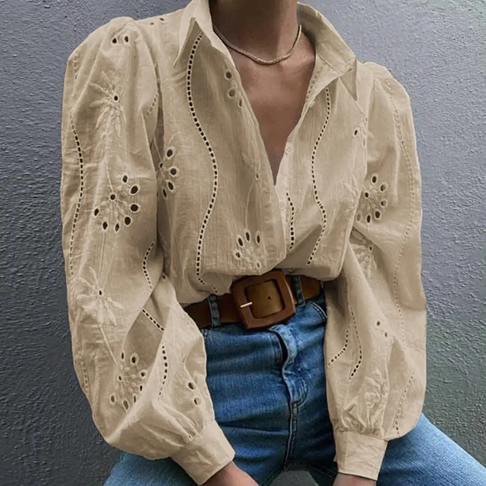 Fashionable Openwork Puff Sleeve Cardigan Shirt